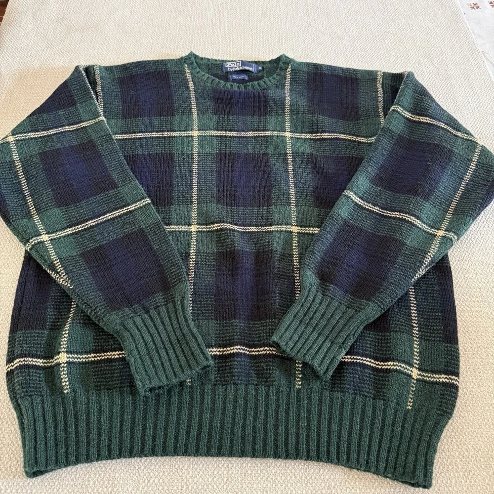 Vintage Polo Ralph Lauren Men's XL Wool Sweater Plaid Crew Neck Blue Green Knit